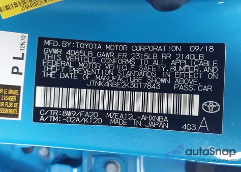 2019 Toyota Corolla Se z USA, uszkodzony, nr VIN JTNK4RBE2K3017843